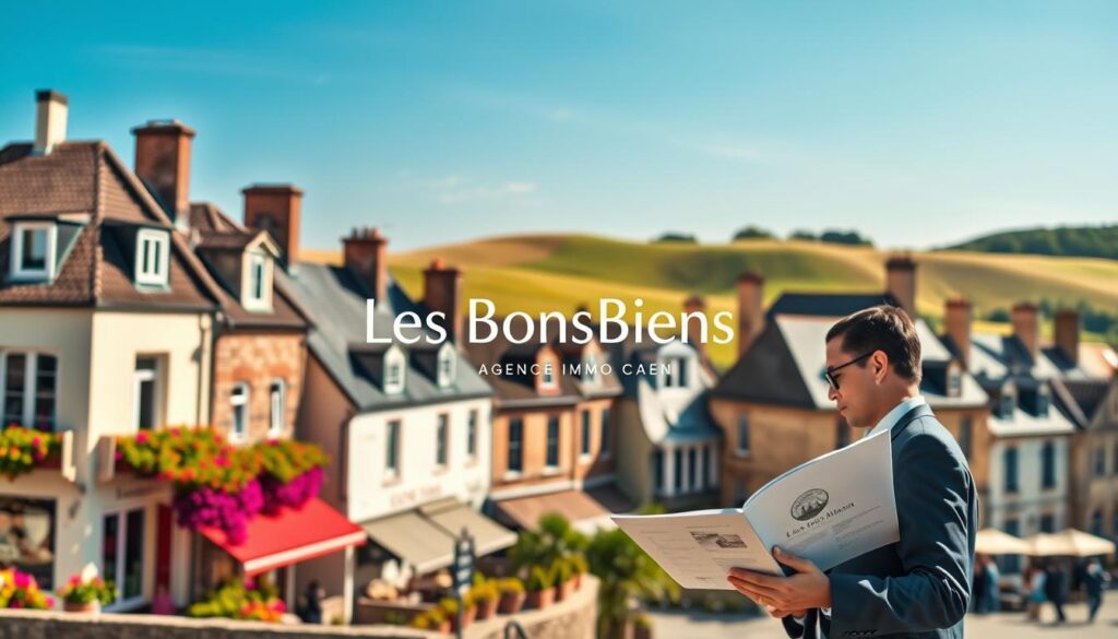 A picturesque view of the sought-after neighborhoods in Caen, showcasing a blend of modern and traditional Normandy architecture. In the foreground, a professional real estate agent in business attire is seen engaging with clients, examining a property brochure. The middle ground features charming, historic buildings adorned with vibrant flowers and small cafés, creating a lively atmosphere. The background displays soft, rolling hills under a clear blue sky with warm, inviting sunlight casting gentle shadows. The scene captures the essence of community and elegance, highlighting the appeal of living in Caen. Focus on vibrant colors and inviting details, with a lens effect that adds depth. The branding "Les BonsBiens Agence Immo Caen" subtly incorporated in the environment, without any text overlays.