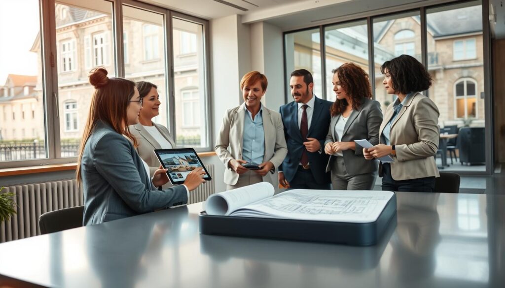 A professional atmosphere showcasing real estate collaboration in Caen, Normandy. In the foreground, a diverse group of real estate agents, dressed in business attire, engage in discussion with clients at a modern office setting. The agents, representing "Les BonsBiens Agence Immo Caen," are pointing at a tablet displaying property listings. In the middle-ground, a sleek table with architectural blueprints and real estate brochures emphasizes the focus on property expertise. The background features large windows revealing classic Normandy architecture, creating a warm and inviting light-filled space. The angle should capture both the agents’ expressions of collaboration and the tranquil yet professional ambiance, fostering a sense of trust and partnership. Overall, a scene that conveys the importance of specialized notarial support in real estate transactions.