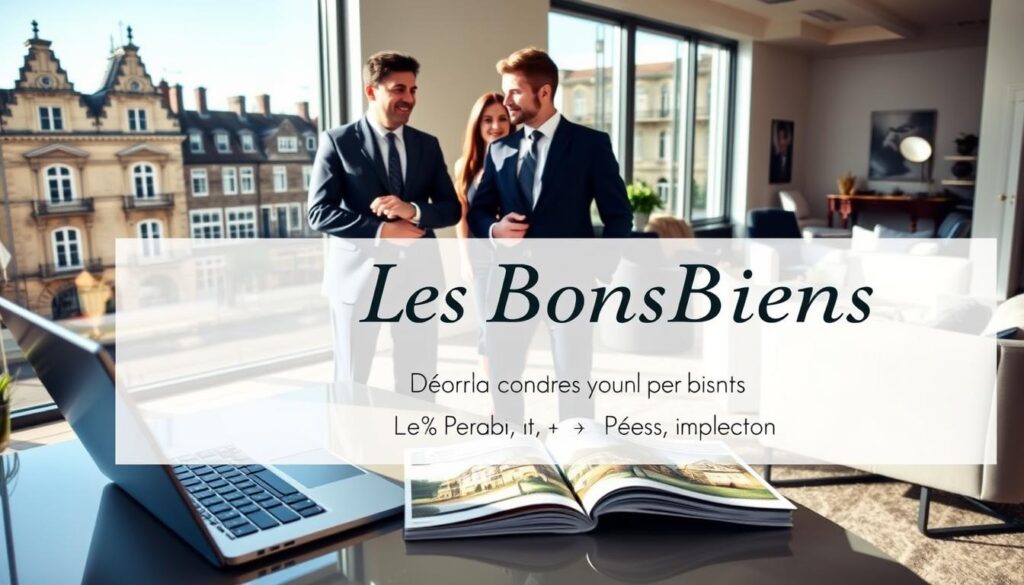 A professional real estate agent, dressed in a smart suit, stands in a sunlit modern office in Caen, Normandy, discussing property listings with two well-dressed clients. The foreground features a sleek desk with a laptop and elegant property brochures showcasing various real estate options. In the middle ground, a large window displays a view of classic Normandy architecture contrasted with contemporary buildings, enhancing the sense of place. The background includes a softly lit interior featuring stylish furniture and decor, creating a welcoming atmosphere. The overall mood is professional and inviting, emphasizing trust and expertise. Include the brand name “Les BonsBiens Agence Immo Caen” subtly displayed on the brochures. Use natural lighting to highlight the details and create a warm ambiance, capturing the essence of "Découvrir Nos Annonces de Biens Immobiliers."
