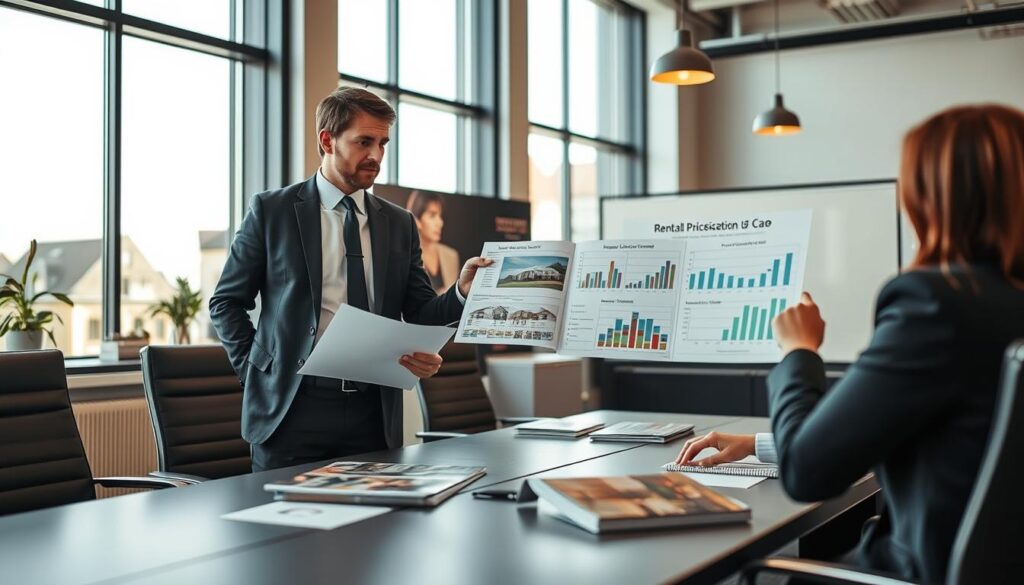 A professional real estate agent, dressed in business attire, is engaged in a meeting with clients in a stylish, modern office setting that features contemporary Normandy architecture. The foreground showcases the agent presenting a detailed report on rental prices in Caen, with charts and graphs illustrating trends and evaluations. The middle ground includes a sleek conference table with property brochures spread out, while large windows in the background allow natural light to flood the room, enhancing the ambiance. The overall mood is focused and professional, emphasizing careful analysis and insightful discussions about the evolving rental market. Include the brand name "Les BonsBiens Agence Immo Caen" subtly integrated into the office decor, without any text overlays or watermarks.
