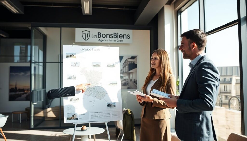 A professional real estate agent dressed in smart business attire consults with a young couple in a spacious, modern office in Caen, Normandy. The agent, a middle-aged man with a friendly demeanor, points at a large map of Calvados showcasing various properties for sale. The couple appears engaged and hopeful, taking notes on a notepad. Sunlight filters through large windows, highlighting contemporary architectural features like glass panels and minimalistic furniture. In the background, subtle details hint at Normandy's charm, such as artworks depicting local landscapes. The branding "Les BonsBiens Agence Immo Caen" is subtly incorporated into a banner on the wall. The atmosphere is professional yet inviting, encouraging collaboration and trust in the real estate buying and selling process.