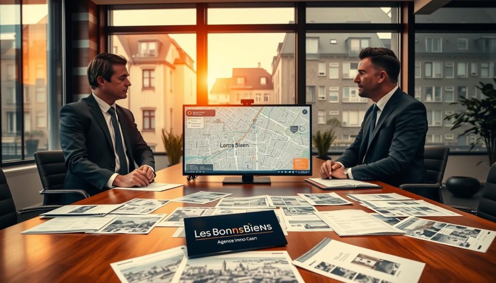 A professional real estate agent, dressed in smart business attire, engages in a discussion with potential clients inside a stylish office space. The foreground features a polished wooden desk scattered with property listings and documents reflecting the theme of real estate strategies and advice. In the middle ground, a large monitor displays a detailed city map of Caen, marked with various properties available for sale. The background shows modern Norman architecture through large windows, letting in warm, natural light that creates a welcoming atmosphere. Subtle hints of the "Les BonsBiens Agence Immo Caen" branding can be seen on promotional materials laid out on the desk. The mood is focused and professional, showcasing a collaborative environment for strategic discussions about real estate in the Caen area.