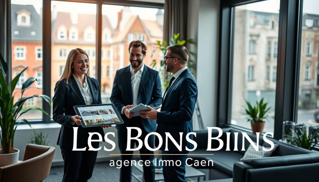 A professional real estate agent, dressed in smart business attire, is engaged in a personalized consultation with a couple in a modern, stylish office setting that reflects the architecture of Caen, Normandy. The foreground shows the agent presenting a digital tablet with property listings, emphasizing a friendly yet professional interaction. In the middle, a large window reveals a view of characteristically French buildings, blending historical charm with modernity. The background highlights sleek furniture and vibrant indoor plants, creating an inviting atmosphere. Soft natural light filters through the window, casting a warm glow throughout the room. The scene conveys a sense of trust, expertise, and personalized service, prominently featuring the brand name "Les Bons Biens Agence Immo Caen" in the image's composition. A professional real estate agent, dressed in smart business attire, is engaged in a personalized consultation with a couple in a modern, stylish office setting that reflects the architecture of Caen, Normandy. The foreground shows the agent presenting a digital tablet with property listings, emphasizing a friendly yet professional interaction. In the middle, a large window reveals a view of characteristically French buildings, blending historical charm with modernity. The background highlights sleek furniture and vibrant indoor plants, creating an inviting atmosphere. Soft natural light filters through the window, casting a warm glow throughout the room. The scene conveys a sense of trust, expertise, and personalized service, prominently featuring the brand name "Les Bons Biens Agence Immo Caen" in the image's composition.