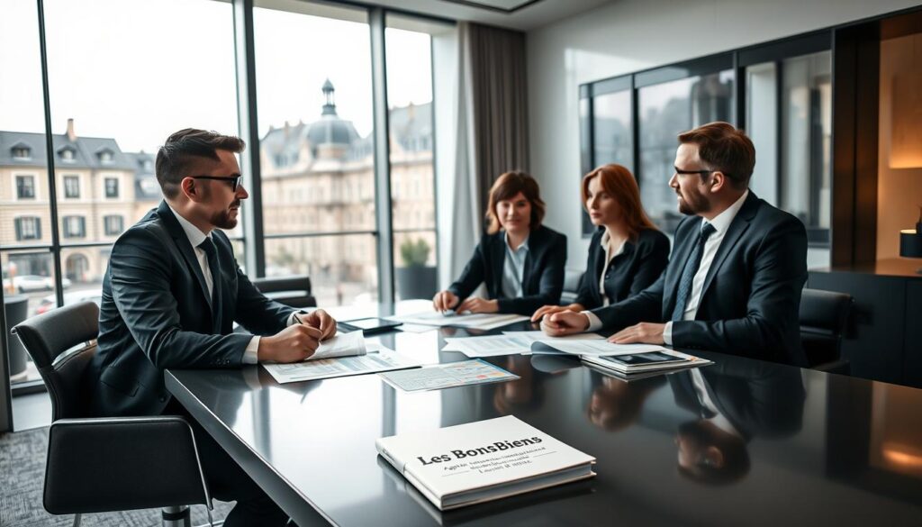 A professional real estate agent, dressed in smart business attire, sits at a modern conference table in a stylish office in Caen, Normandy. The foreground features the agent and a couple of clients engaged in a focused discussion, examining property portfolios and investment strategies, with high-quality documents scattered around them. In the middle ground, the conference room is adorned with contemporary decor, large windows letting in soft natural light, and a sleek background displaying a view of classic Normandy architecture. The atmosphere is one of trust and professionalism, embodying "gestion patrimoniale personnalisée." Include details of the branding "Les BonsBiens Agence Immo Caen" subtly displayed on a brochure on the table. The image should convey a sense of personalized service in real estate.