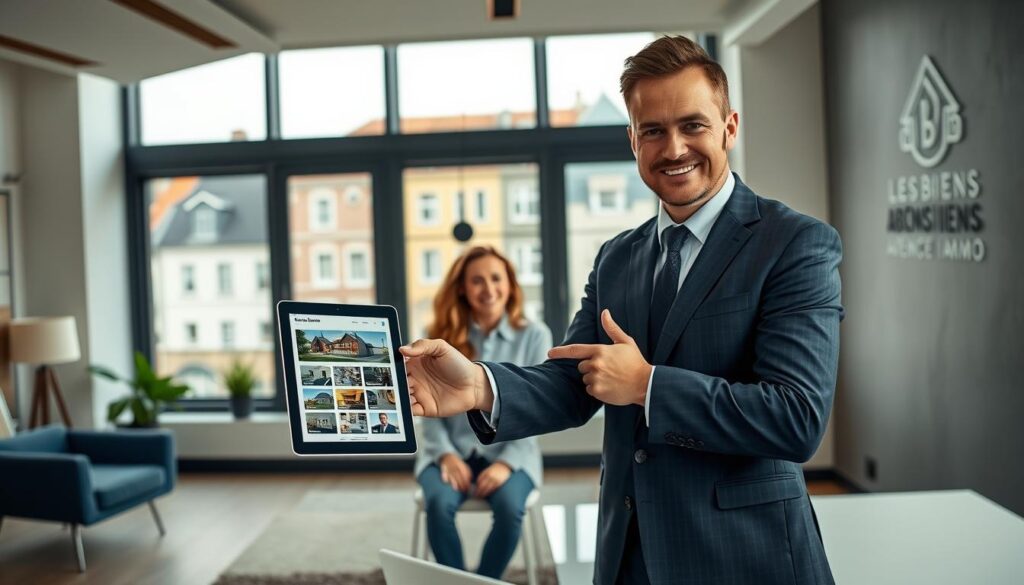A professional real estate agent dressed in smart business attire stands confidently in a modern office space, showcasing a digital tablet displaying property listings and valuation tools. In the foreground, the agent gestures towards the tablet, engaging warmly with a diverse couple who are seated at a sleek desk, showing interest and excitement. The middle background features stylish decor, with windows displaying a view of Caen's charming Norman architecture, combining traditional and contemporary elements. Soft, natural light floods the room, creating an inviting and professional atmosphere. In the background, a logo of "Les BonsBiens Agence Immo Caen" subtly appears on the wall, reinforcing the real estate theme. The overall mood is one of professionalism, trust, and personalized service, reflecting the essence of real estate valuation in Caen.
