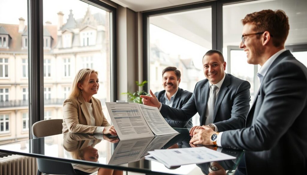 A professional real estate agent in a modern office in Caen, Normandy, enthusiastically discussing the "composantes frais notaire" with a couple seated at a sleek glass table. The agent, wearing smart business attire, gestures towards an open document displaying a breakdown of notary fees. In the background, large windows showcase the elegant Normandy architecture, allowing natural light to fill the space, creating a warm and inviting atmosphere. The agent's expression reflects enthusiasm and professionalism, while the clients appear engaged and curious. Soft lighting emphasizes the contemporary design elements of the office. The brand name "Les BonsBiens Agence Immo Caen" is subtly incorporated within the office decor, reinforcing the context.