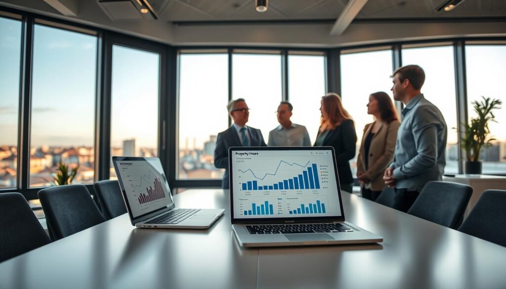 A professional real estate agent in a modern office setting, discussing statistical indicators and real estate trends in Caen, Normandy. The foreground features a sleek desk with a laptop open, displaying graphs and charts related to property prices per square meter. The middle ground includes the agent, dressed in business attire, engaged in a lively discussion with clients who appear interested and focused. In the background, large windows reveal a skyline of contemporary Normandy architecture, bathed in warm, natural light, creating an inviting atmosphere. The overall mood is professional, emphasizing knowledge and expertise in local real estate, with subtle branding elements of "Les BonsBiens Agence Immo Caen" integrated into the office decor, maintaining a clean and uncluttered look. A professional real estate agent in a modern office setting, discussing statistical indicators and real estate trends in Caen, Normandy. The foreground features a sleek desk with a laptop open, displaying graphs and charts related to property prices per square meter. The middle ground includes the agent, dressed in business attire, engaged in a lively discussion with clients who appear interested and focused. In the background, large windows reveal a skyline of contemporary Normandy architecture, bathed in warm, natural light, creating an inviting atmosphere. The overall mood is professional, emphasizing knowledge and expertise in local real estate, with subtle branding elements of "Les BonsBiens Agence Immo Caen" integrated into the office decor, maintaining a clean and uncluttered look.