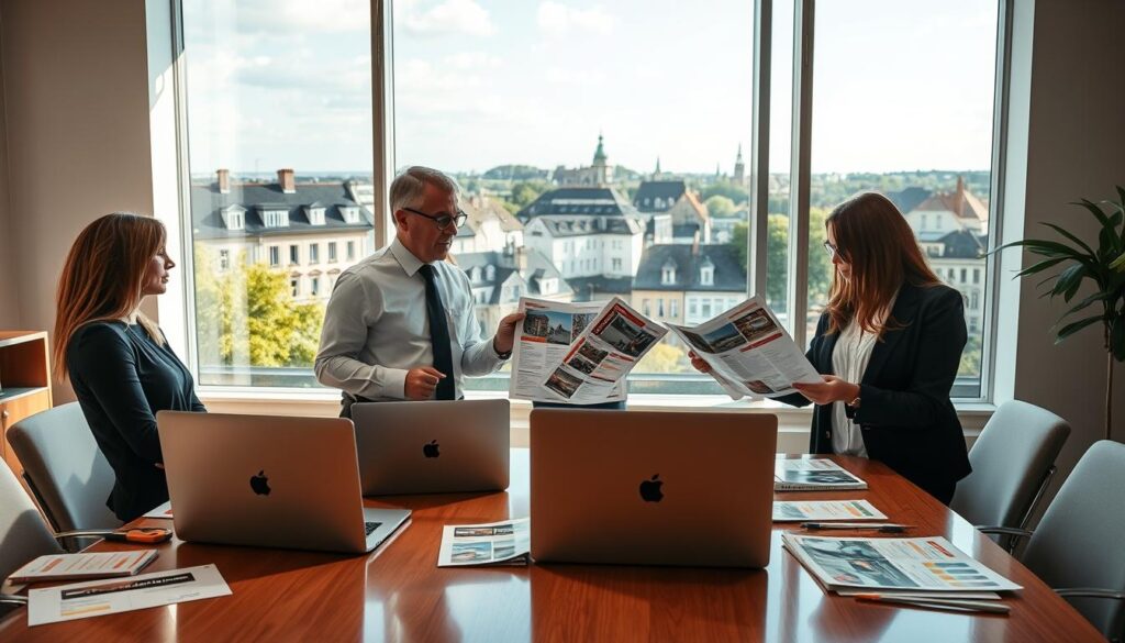 A professional real estate agent in a modern office setting, dressed in business attire, is collaborating with a couple of diverse clients, examining real estate documents and property listings specific to Caen, Normandy. The foreground features a polished conference table with laptops, charts, and brochures from "Les BonsBiens Agence Immo Caen." The middle ground showcases a large window with a view of characteristic Normandy architecture, displaying traditional and contemporary buildings. The background includes city elements such as trees and distant landmarks, with a warm, inviting atmosphere created by soft natural light streaming in. The overall mood is professional and welcoming, emphasizing personalized service in local real estate expertise. A professional real estate agent in a modern office setting, dressed in business attire, is collaborating with a couple of diverse clients, examining real estate documents and property listings specific to Caen, Normandy. The foreground features a polished conference table with laptops, charts, and brochures from "Les BonsBiens Agence Immo Caen." The middle ground showcases a large window with a view of characteristic Normandy architecture, displaying traditional and contemporary buildings. The background includes city elements such as trees and distant landmarks, with a warm, inviting atmosphere created by soft natural light streaming in. The overall mood is professional and welcoming, emphasizing personalized service in local real estate expertise.
