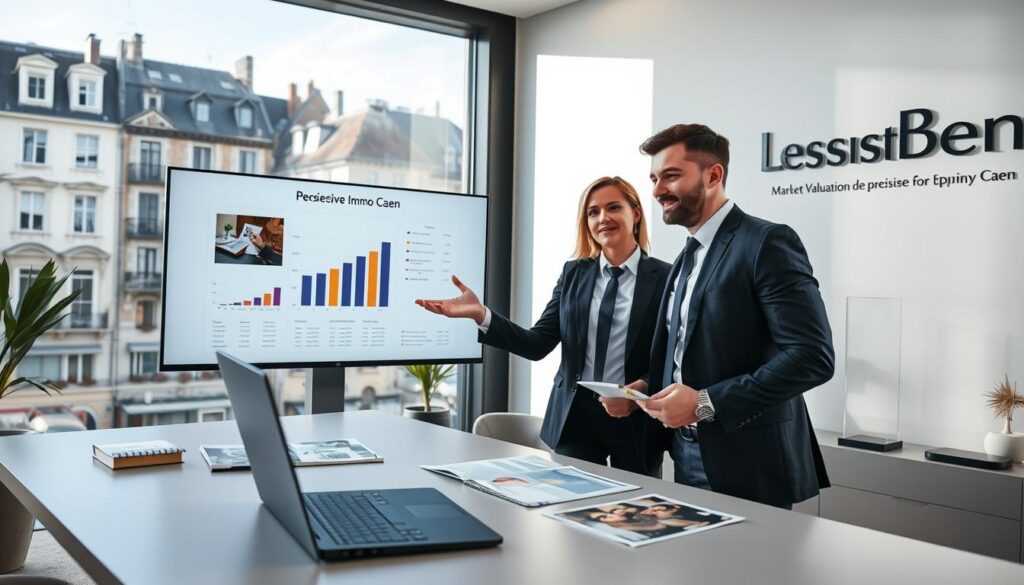 A professional real estate agent in a modern office setting, dressed in formal business attire, discussing property valuation with clients. The foreground features a sleek desk with a laptop, property brochures, and a market analysis report. In the middle ground, a large window showcases the beautiful Normandy architecture of Caen, with historical buildings and contemporary apartments visible outside. The background includes tasteful decorative elements that reflect professionalism. Soft, natural lighting floods the space, creating an inviting atmosphere. The agent gestures towards a digital presentation on a screen displaying charts and graphs for property estimation. The image prominently features the brand name "Les BonsBiens Agence Immo Caen" on the office wall. The mood is focused and collaborative, highlighting the expertise in precise real estate estimation.