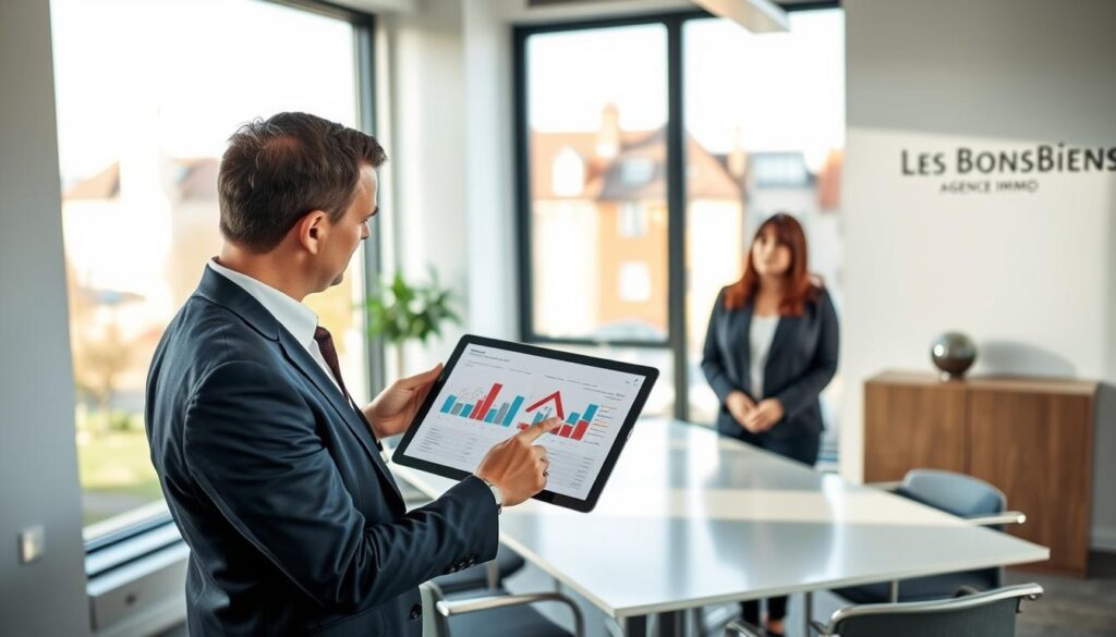 A professional real estate agent in a modern office setting in Caen, Normandy, is discussing key steps in property estimation with two clients. The foreground shows the agent, dressed in business attire, confidently pointing at a detailed property analysis chart on a digital tablet. The middle layer includes a contemporary meeting room with a stylish table, chairs, and large windows letting in soft, natural light that casts gentle shadows. The background features a view of quintessential Normandy architecture outside the window, enhancing the locality of the scene. The atmosphere is collaborative and informative, reflecting a successful meeting. Include subtle branding visible on a wall: "Les BonsBiens Agence Immo Caen", ensuring a focus on professionalism and expertise in real estate.