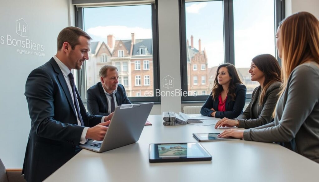 A professional real estate agent in a modern office space meets with clients to discuss property valuation. The foreground features the agent, wearing a smart business suit, engaged in conversation and using a laptop to display real estate data. The middle ground showcases a sleek conference table with property brochures and a digital tablet. The clients, dressed in modest casual clothing, look attentive and interested. In the background, large windows reveal a vibrant view of Caen's Normandy architecture, with unique buildings and a clear blue sky. Soft, natural lighting floods the room, creating a welcoming atmosphere. The logo "Les BonsBiens Agence Immo Caen" subtly appears on a wall, enhancing the professional setting without distractions.