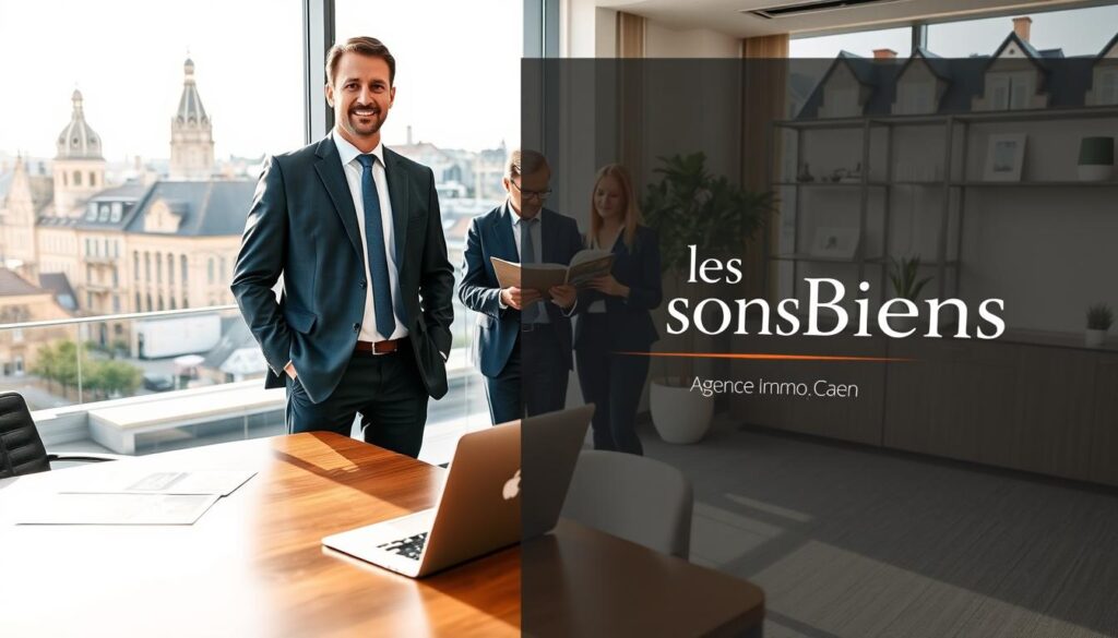 A professional real estate agent in a sharp business suit stands confidently in an elegantly designed office space, showcasing a blend of modern and traditional Normandy architecture. In the foreground, a sleek wooden desk displays property listings and a laptop. The agent engages with two clients, who are looking at a property brochure, wearing formal attire that conveys professionalism. The middle ground features large windows allowing soft, warm daylight to illuminate the room, creating an inviting atmosphere. In the background, a stylish cityscape of Caen can be seen, representing both historic and contemporary buildings. The branding "Les BonsBiens Agence Immo Caen" is subtly incorporated into the office decor. The overall mood is one of trust, expertise, and personalized service in real estate.
