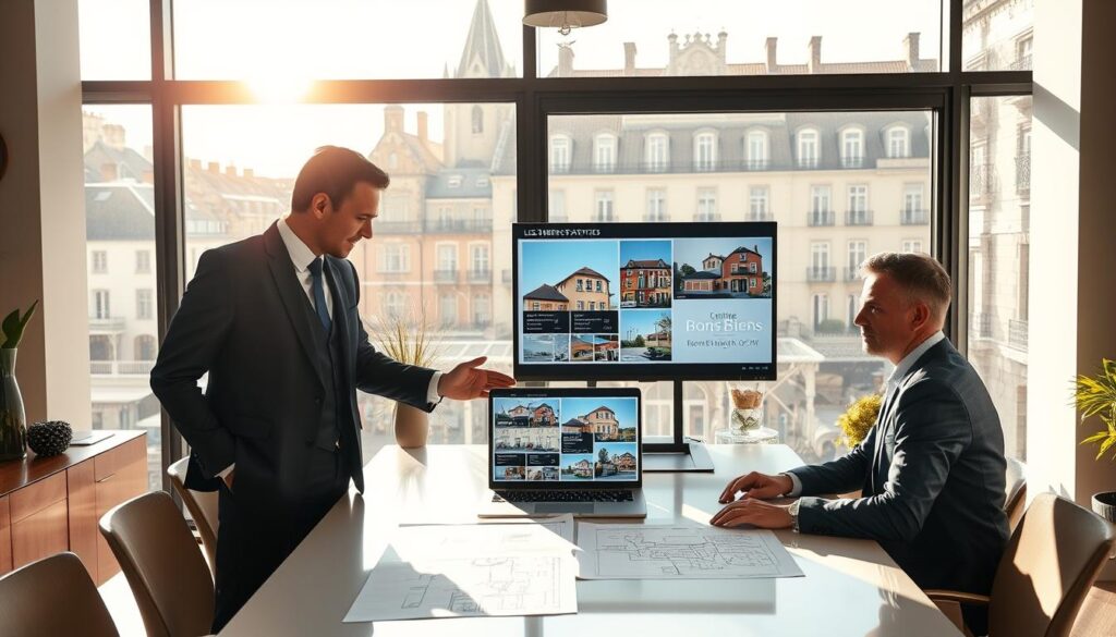 A professional real estate agent in a sharp business suit stands confidently in the foreground, discussing strategies with two clients seated at a sleek, modern table featuring property listings and blueprints. The agent is gesturing towards a vibrant presentation on a laptop showing attractive listings in Caen, Normandy's charming architecture visible through a large window. In the middle ground, stylish interior design elements enhance the atmosphere, reflecting a contemporary real estate office. The background captures a scenic view of Caen’s distinctive architecture with bright, inviting sunlight streaming in, creating a warm and motivating mood. The overall scene conveys professionalism, teamwork, and effective real estate strategies. Include the brand name "Les BonsBiens Agence Immo Caen" subtly woven into the office décor. A professional real estate agent in a sharp business suit stands confidently in the foreground, discussing strategies with two clients seated at a sleek, modern table featuring property listings and blueprints. The agent is gesturing towards a vibrant presentation on a laptop showing attractive listings in Caen, Normandy's charming architecture visible through a large window. In the middle ground, stylish interior design elements enhance the atmosphere, reflecting a contemporary real estate office. The background captures a scenic view of Caen’s distinctive architecture with bright, inviting sunlight streaming in, creating a warm and motivating mood. The overall scene conveys professionalism, teamwork, and effective real estate strategies. Include the brand name "Les BonsBiens Agence Immo Caen" subtly woven into the office décor.