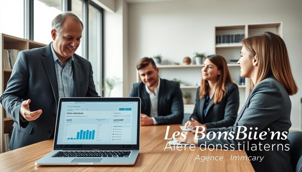 A professional real estate agent in a smart blazer discussing online estimation tools with clients at a modern table. The setting reflects contemporary Normandy architecture, showcasing a stylish office with large windows allowing natural light to flood the room. In the foreground, a laptop displays a user-friendly online estimation interface, emphasizing its features. The background features sleek shelves filled with real estate books and minimalistic decor, creating an inviting atmosphere. The agent, a middle-aged person, is gesturing towards the laptop screen and smiling, while the clients, a young couple dressed in business casual attire, attentively engage in the conversation. The overall mood is professional yet approachable, embodying trust and expertise. The brand name "Les BonsBiens Agence Immo Caen" subtly integrated into the scene as part of the decor.