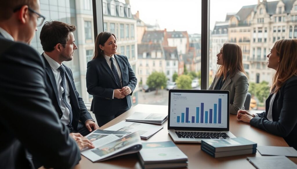 A professional real estate agent in a smart business suit engages with clients in a modern office setting, showcasing a dynamic discussion about local real estate market trends in Caen. The foreground features a stylish desk with property brochures and a laptop displaying graphs of housing prices. In the middle, a large window reveals beautiful Normandy architecture, with traditional buildings and green spaces, embodying the charm of the region. The background captures a bustling urban atmosphere while soft light filters through the window, creating a warm and inviting environment. Include branding elements subtly displaying "Les BonsBiens Agence Immo Caen" in a modern font on materials. The overall mood is professional yet approachable, emphasizing collaboration and insight into the local housing market.