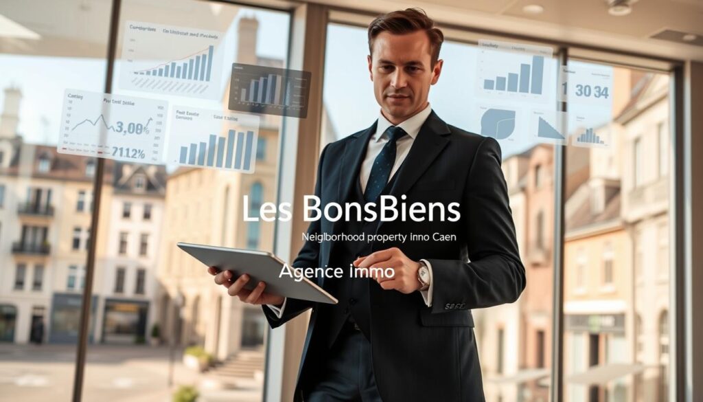 A professional real estate agent in a smart business suit, standing confidently with a digital tablet in hand, analyzing local real estate statistics against the backdrop of Caen's distinctive Normandy architecture. In the foreground, data visualizations such as graphs and charts float around him, showcasing neighborhood property prices, trends, and statistics. The middle ground features a modern, sunlit office with large windows displaying a view of the picturesque streets of Caen. The background highlights classic Normandy buildings, blending the charm of the city with modernity. The scene is illuminated by warm, natural lighting, creating a welcoming and professional atmosphere. Integrate the brand name "Les BonsBiens Agence Immo Caen" subtly into the scene as a central element.