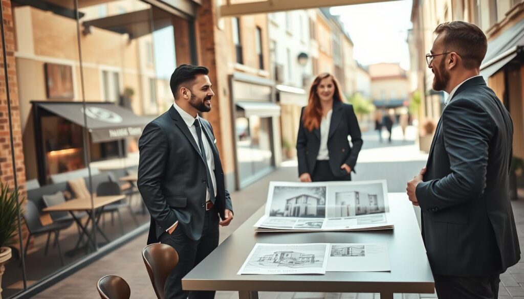 A professional real estate agent in a smart business suit stands confidently in the foreground, engaging with two clients, a couple dressed in modest casual clothing. They are discussing investment opportunities in a stylish, modern apartment, featuring elements of Caen's Normandy architecture, such as brick facades and large windows. In the middle ground, a sleek table displays architectural plans and brochures labeled "Les BonsBiens Agence Immo Caen." The background showcases a lively street in Caen, with quaint cafes and shops, bathed in warm, natural lighting, suggesting a sunny day. The overall atmosphere is welcoming and professional, promoting the idea of personalized support for successful investments. The angle is slightly low to give a sense of importance to the interaction between the agent and clients.