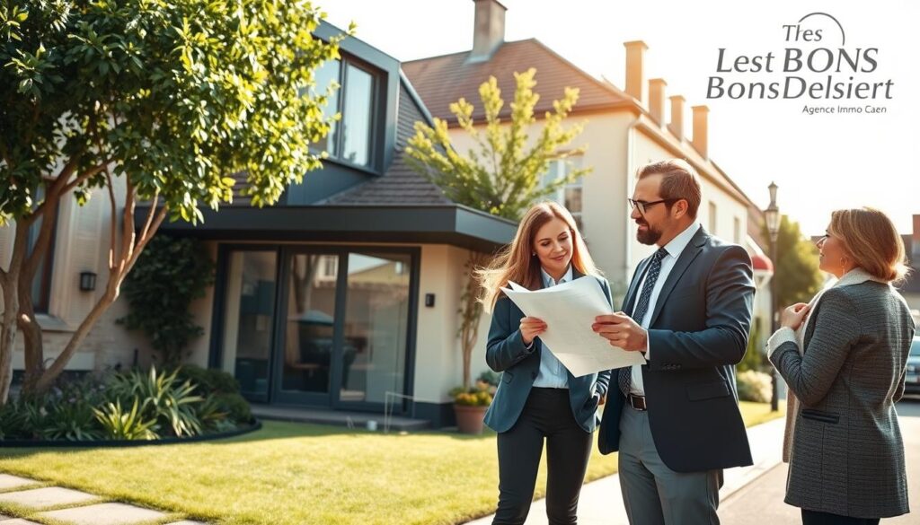A professional real estate agent in a smart suit, standing confidently beside a modern, elegantly designed home in Caen, Normandy. The agent is engaging with a couple of clients who are looking at property documents, showcasing a sense of collaboration and trust in the real estate estimation process. The background features charming Norman architecture, with quaint streets and lush greenery, under a bright, sunny sky that reflects a warm and welcoming atmosphere. Soft natural light enhances the scene, emphasizing the professionalism of the moment. The composition should capture a focused angle, showcasing the interaction while placing the house prominently in view. Include a subtle watermark of "Les BonsBiens Agence Immo Caen" in the corner, maintaining the professional tone and clarity of the image.