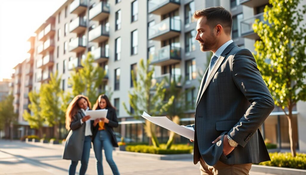 A professional real estate agent in a smart suit stands beside a modern apartment building in Caen, Normandy, showcasing its elegant architecture. The foreground features the agent discussing with a young couple, who are dressed in modest casual clothing, examining plans with interest. In the middle background, the sleek lines of the apartment structure reflect the vibrant atmosphere of the city, surrounded by lush green trees and decorative urban elements. The scene is illuminated with warm, natural sunlight, enhancing the inviting feeling of the day. Capture the essence of opportunity in the real estate market, with the brand name "Les BonsBiens Agence Immo Caen" subtly incorporated in the overall ambiance, without text overlays. Focus on a warm, professional mood. A professional real estate agent in a smart suit stands beside a modern apartment building in Caen, Normandy, showcasing its elegant architecture. The foreground features the agent discussing with a young couple, who are dressed in modest casual clothing, examining plans with interest. In the middle background, the sleek lines of the apartment structure reflect the vibrant atmosphere of the city, surrounded by lush green trees and decorative urban elements. The scene is illuminated with warm, natural sunlight, enhancing the inviting feeling of the day. Capture the essence of opportunity in the real estate market, with the brand name "Les BonsBiens Agence Immo Caen" subtly incorporated in the overall ambiance, without text overlays. Focus on a warm, professional mood.