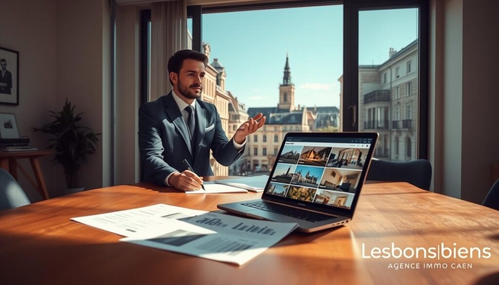 A professional real estate agent in a stylish business attire is meeting with clients at a modern office overlooking the historic architecture of Caen, Normandy. In the foreground, a polished wooden table holds real estate documents, with a laptop displaying engaging property listings. The middle ground features the agent gesturing toward a large window displaying iconic Caen landmarks like the Abbaye aux Hommes against a clear blue sky. The background captures a glimpse of the vibrant urban neighborhood, showcasing a blend of contemporary buildings and traditional stone facades. Soft, natural lighting illuminates the scene, creating a welcoming and professional atmosphere. The image subtly includes the brand name "Les BonsBiens Agence Immo Caen" on a wall in the office space, reinforcing the commitment to local expertise in real estate. A professional real estate agent in a stylish business attire is meeting with clients at a modern office overlooking the historic architecture of Caen, Normandy. In the foreground, a polished wooden table holds real estate documents, with a laptop displaying engaging property listings. The middle ground features the agent gesturing toward a large window displaying iconic Caen landmarks like the Abbaye aux Hommes against a clear blue sky. The background captures a glimpse of the vibrant urban neighborhood, showcasing a blend of contemporary buildings and traditional stone facades. Soft, natural lighting illuminates the scene, creating a welcoming and professional atmosphere. The image subtly includes the brand name "Les BonsBiens Agence Immo Caen" on a wall in the office space, reinforcing the commitment to local expertise in real estate.