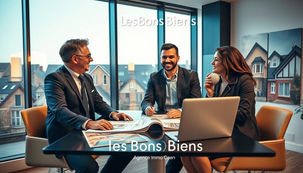 A professional real estate agent in a tailored suit is meeting with a diverse couple, both dressed in smart casual attire, inside a modern office space in Caen, Normandy. The office features large windows with a view of contemporary architecture reflected in the bright daylight. On the table are real estate brochures and a laptop displaying property listings. The background showcases images of beautiful homes in Caen, emphasizing the local architecture. The mood is collaborative and optimistic, with warm lighting creating a welcoming atmosphere. The brand "Les BonsBiens Agence Immo Caen" is subtly incorporated into the office decor. The composition captures the expertise and personalized service of real estate in a vibrant setting. A professional real estate agent in a tailored suit is meeting with a diverse couple, both dressed in smart casual attire, inside a modern office space in Caen, Normandy. The office features large windows with a view of contemporary architecture reflected in the bright daylight. On the table are real estate brochures and a laptop displaying property listings. The background showcases images of beautiful homes in Caen, emphasizing the local architecture. The mood is collaborative and optimistic, with warm lighting creating a welcoming atmosphere. The brand "Les BonsBiens Agence Immo Caen" is subtly incorporated into the office decor. The composition captures the expertise and personalized service of real estate in a vibrant setting.