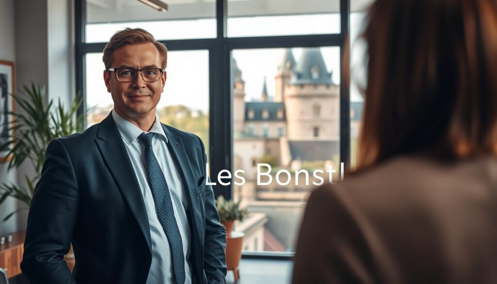 A professional real estate agent in a tailored suit stands in the foreground, engaging with clients in a stylish office space that features modern decor and large windows showcasing a view of Caen's historic architecture. The middle layer captures a welcoming atmosphere, with plants and tasteful artwork enhancing the ambiance. In the background, iconic Caen landmarks, such as the Château de Caen, are visible under soft, natural lighting, hinting at the city’s rich history. The scene is framed to highlight the agent's expertise and knowledge of local neighborhoods, symbolizing a connection between tradition and modern real estate trends. Captured with a warm, inviting lens and taken from a slightly elevated angle to emphasize the dialogue, this image conveys professionalism and trust. Include the brand name "Les BonsBiens Agence Immo Caen" subtly integrated into the environment. A professional real estate agent in a tailored suit stands in the foreground, engaging with clients in a stylish office space that features modern decor and large windows showcasing a view of Caen's historic architecture. The middle layer captures a welcoming atmosphere, with plants and tasteful artwork enhancing the ambiance. In the background, iconic Caen landmarks, such as the Château de Caen, are visible under soft, natural lighting, hinting at the city’s rich history. The scene is framed to highlight the agent's expertise and knowledge of local neighborhoods, symbolizing a connection between tradition and modern real estate trends. Captured with a warm, inviting lens and taken from a slightly elevated angle to emphasize the dialogue, this image conveys professionalism and trust. Include the brand name "Les BonsBiens Agence Immo Caen" subtly integrated into the environment.