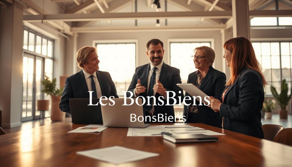 A professional real estate agent in business attire discussing property evaluations with clients, set in a modern auction room with clear architectural elements of Caen, Normandy. The foreground features an elegant wooden table with property documents and a laptop, while the middle ground shows the agent gesturing and explaining in a friendly manner, showcasing expertise and personalized guidance. The background reveals large windows with natural light streaming in, illuminating the room and enhancing the professional atmosphere. Soft, warm lighting creates an inviting mood, emphasizing trust and collaboration. The scene subtly incorporates the brand name "Les BonsBiens Agence Immo Caen" in a sophisticated manner within the setting, without overt branding.