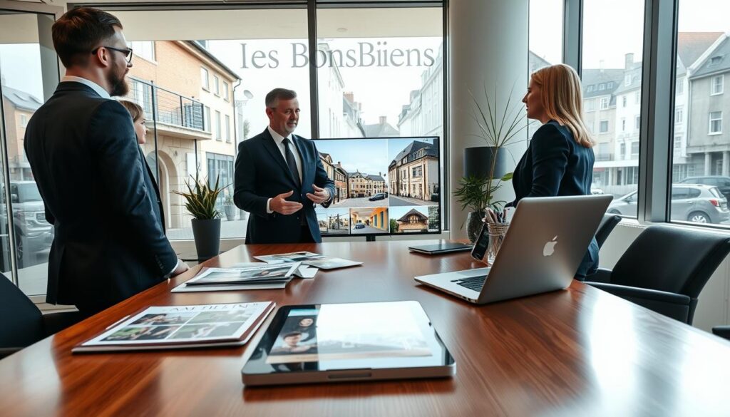 A professional real estate agent in business attire, engaged in a consultation with two clients in a modern, well-lit office setting. The foreground features a polished wooden table with property brochures, tablets displaying listings, and a laptop open to a property estimation app. In the middle, the agent is gesturing towards a digital screen showing images of properties in Caen and surrounding areas, emphasizing the architecture of Normandy. The background should include a large window with a view of charming Caen streets, showcasing modern buildings mixed with historical architecture. Soft natural light pours in, creating a warm and inviting atmosphere. Include the brand name "Les BonsBiens Agence Immo Caen" subtly displayed on a wall or on a brochure nearby.