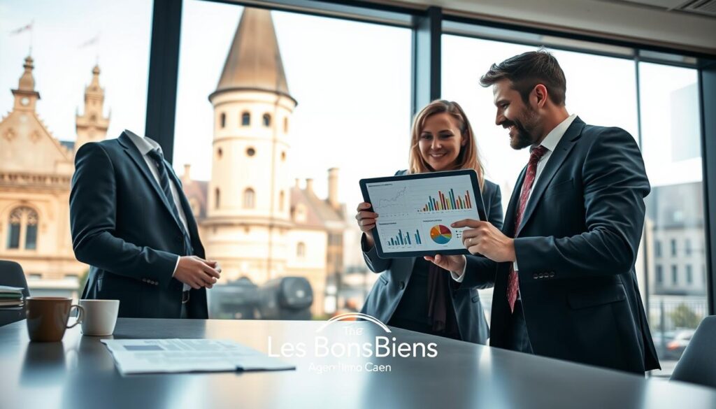 A professional real estate agent in business attire, engaged in a discussion with clients at a modern office in Caen, Normandy, with large windows showcasing a view of classic Normandy architecture. The agent holds a tablet displaying graphs and data trends related to the local real estate market. The foreground features a sleek, contemporary desk with paperwork and a coffee cup. In the middle ground, the agent and clients are animatedly reviewing the data, exuding a sense of collaboration and professionalism. The background highlights architectural elements characteristic of the region, illuminated by soft, natural daylight pouring in through the glass. The atmosphere is focused and informative, capturing the essence of "Zoom sur le marché immobilier du Calvados" while prominently featuring the brand name "Les BonsBiens Agence Immo Caen".