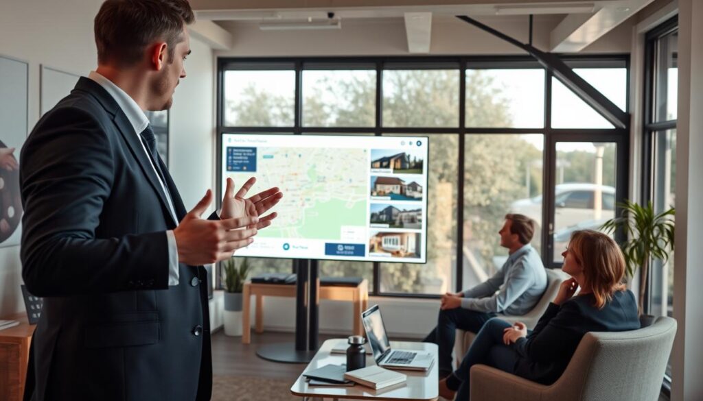 A professional real estate agent in business attire engaging with clients in a modern real estate office in Caen, Normandy. The foreground features the agent gesturing towards a sleek presentation with digital maps and property images displayed on a large screen. In the middle ground, clients are seated, actively discussing various neighborhoods, conveying collaboration and expertise. The background showcases elements of contemporary Normandy architecture, with large windows allowing natural light to flood the space, creating an inviting atmosphere. Soft, warm lighting emphasizes a sense of professionalism and trust. The overall mood is confident and dynamic, reflecting the essence of local expertise in real estate. Include subtle branding for "Les BonsBiens Agence Immo Caen" on the presentation materials without graphic overlays.