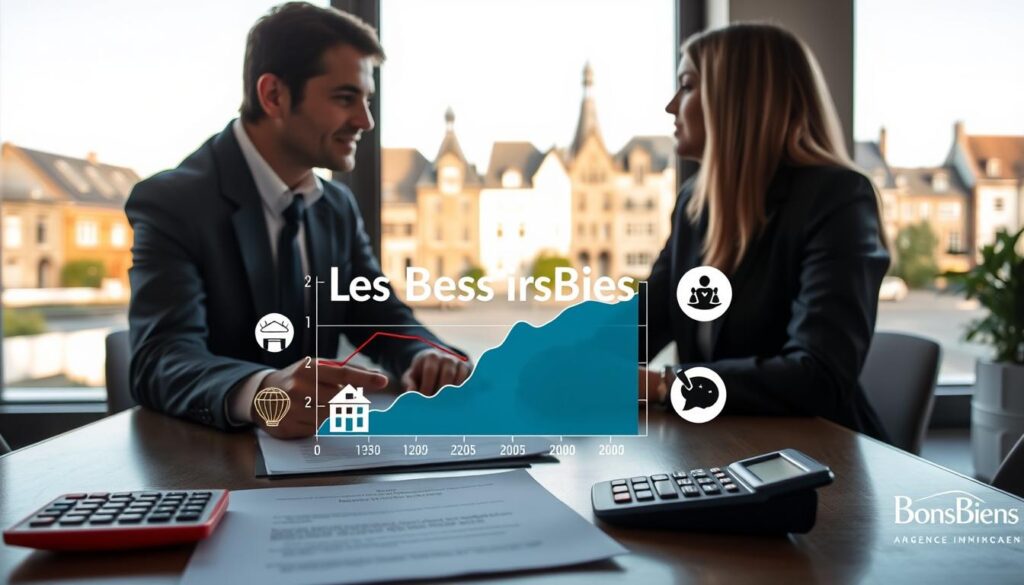 A professional real estate agent in business attire interacts with clients in a bright, modern office environment, showcasing a large window view of Caen, Normandy’s distinctive architecture. In the foreground, a detailed focus on a table with property documents and a calculator, emphasizing the impact of notarization fees on real estate prices. In the middle, a digital chart displaying the evolution of property prices over time, surrounded by visual icons representing notarial fees. In the background, a view of beautiful historical buildings to highlight Caen's unique blend of old and new. Soft, natural lighting filters through the window, creating an inviting atmosphere. Include the brand name "Les BonsBiens Agence Immo Caen" subtly incorporated within the scene, enhancing the professionalism of the setting. A professional real estate agent in business attire interacts with clients in a bright, modern office environment, showcasing a large window view of Caen, Normandy’s distinctive architecture. In the foreground, a detailed focus on a table with property documents and a calculator, emphasizing the impact of notarization fees on real estate prices. In the middle, a digital chart displaying the evolution of property prices over time, surrounded by visual icons representing notarial fees. In the background, a view of beautiful historical buildings to highlight Caen's unique blend of old and new. Soft, natural lighting filters through the window, creating an inviting atmosphere. Include the brand name "Les BonsBiens Agence Immo Caen" subtly incorporated within the scene, enhancing the professionalism of the setting.