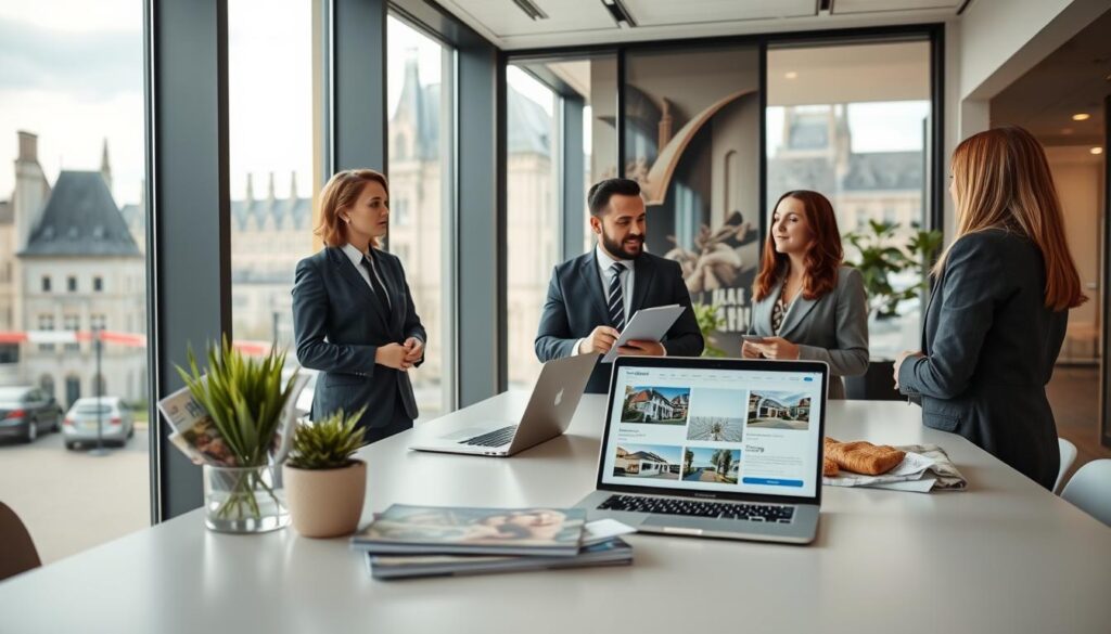 A professional real estate agent in business attire is conducting a meeting with clients inside a modern architectural office in Caen, Normandy. In the foreground, a sleek desk is adorned with property brochures, a laptop displaying listings, and a decorative plant. The middle ground features the agent actively engaging with the clients, showcasing a warm and inviting atmosphere. Large windows in the background reveal a picturesque view of Caen’s iconic architecture, with soft, natural light illuminating the space. The overall mood is professional yet approachable, reflecting the high-quality services of "Les BonsBiens Agence Immo Caen." The image should focus on the interaction and equipment of the real estate business, ensuring clarity and professionalism without any text overlays or distractions.