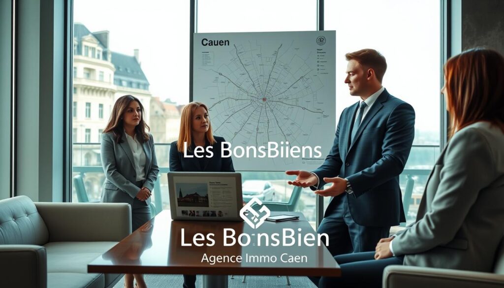 A professional real estate agent in business attire is engaging with clients in a modern office setting, showcasing the beauty of Caen's Normandy architecture through large windows. The agent is confidently explaining real estate options with a laptop open on the table, displaying property images. The clients, dressed in smart casual attire, are listening intently, surrounded by sleek furnishings that reflect a sophisticated atmosphere. In the background, a large map of Caen highlighting key neighborhoods and properties is prominently displayed. Soft natural lighting floods the room, creating an inviting and professional mood. The logo "Les BonsBiens Agence Immo Caen" is subtly incorporated into the office decor, emphasizing the brand's presence in the real estate landscape of Caen.