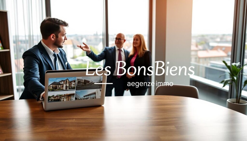 A professional real estate agent in business attire is meeting with a couple in a modern office setting, discussing personalized real estate solutions in Caen, Normandy. The foreground features a sleek, polished wooden desk with a laptop open, displaying property listings. The middle ground shows the agent gesturing towards a large window with a view of Normandy's distinctive architecture. Soft, natural light pours in, creating a warm and inviting atmosphere. A modern cityscape is visible in the background, highlighting the charm of Caen. The branding "Les BonsBiens Agence Immo Caen" is subtly integrated into the office design, enhancing the overall theme of personalized real estate service. The scene conveys professionalism, trust, and collaboration.