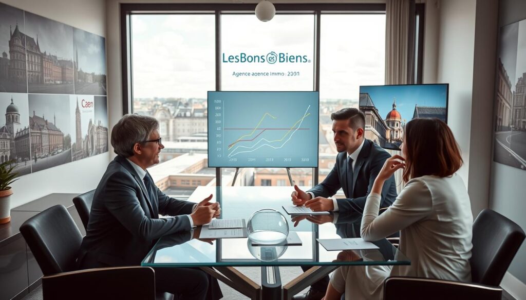 A professional real estate agent in business attire is seated at a modern glass table, discussing property trends with clients in a stylish office space adorned with images of Normandy architecture. In the background, a large window offers a panoramic view of Caen's skyline, showcasing a mix of historical and contemporary buildings, reflecting the evolution of the real estate market. Soft, natural lighting fills the room, emphasizing the positive atmosphere of collaboration and expertise. A subtle chart illustrating real estate price trends over one and five years is faintly visible on a digital screen behind them. The brand name "Les BonsBiens Agence Immo Caen" is stylishly integrated into the office design, enhancing the modern aesthetic without being intrusive. The overall mood is professional and optimistic, capturing the essence of real estate dynamics in Caen.