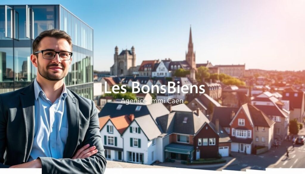 A professional real estate agent in business attire is showcasing a diverse range of modern properties in the heart of Caen, Normandy. In the foreground, a sleek, contemporary building with a glass facade reflects the vibrant city life. The middle ground highlights various homes, including traditional Normandy-style houses and modern apartments, demonstrating a large selection of properties tailored to different needs. The background features a picturesque view of Caen's historical architecture, with its charming streets under a bright blue sky. The scene is illuminated by warm, natural sunlight, creating an inviting atmosphere. The brand name "Les BonsBiens Agence Immo Caen" subtly appears in the scene, emphasizing local expertise and commitment to finding the right property for clients.