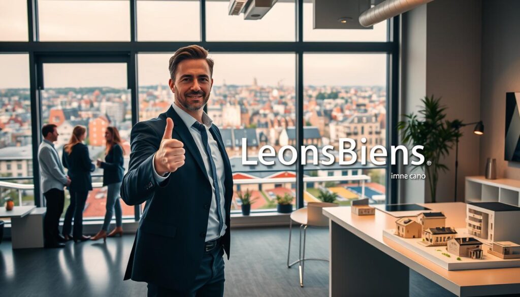 A professional real estate agent in business attire stands confidently at the forefront of a modern office space, showcasing a sleek desk, digital property displays, and architectural models of properties in Caen, Normandy. The agent gestures towards a vibrant cityscape out the large windows, filled with a mix of contemporary and historic buildings that embody the charm of Caen. In the background, a group of diverse clients engage in conversation, highlighting collaboration and professionalism. Warm and inviting lighting enhances the atmosphere, while a sense of trust and expertise permeates the scene. A subtle branding element with the name "Les BonsBiens Agence Immo Caen" is present in the environment, suggesting a local identity immersed in the real estate market. The composition captures the essence of comparing real estate services in the region without including any text overlays or distractions.