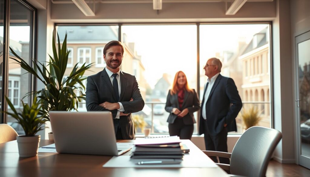A professional real estate agent in business attire stands confidently in a well-lit office space that showcases modern Normandy architecture. The foreground features a desk with a laptop, paperwork, and a potted plant, creating a productive atmosphere. In the middle ground, the agent is engaged in a friendly discussion with a couple, highlighting the personalized service of "Les BonsBiens Agence Immo Caen". The background reveals large windows with a view of Caen’s charming streets, infused with natural light. Soft, warm lighting enhances a welcoming, professional mood, while the image captures the essence of real estate estimation services in a modern context. The focus should be on the interaction between the agent and clients, reflecting trust and professionalism in the real estate process.