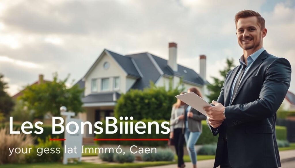 A professional real estate agent in business attire stands confidently in the foreground, discussing property estimates with a couple dressed in smart casual clothing. In the middle ground, a modern property in Caen, featuring classic Normandy architecture, showcases its elegant façade with a welcoming entrance. Lush greenery surrounds the house, contributing to the serene atmosphere of the neighborhood. In the background, soft, cloudy skies enhance the calm mood, hinting at a promising day for real estate endeavors. The lighting is warm and inviting, with gentle sunlight illuminating the scene from the left, creating a friendly and approachable aura. Include the brand name "Les BonsBiens Agence Immo Caen" subtly integrated into the scene, reflecting professionalism and local expertise.