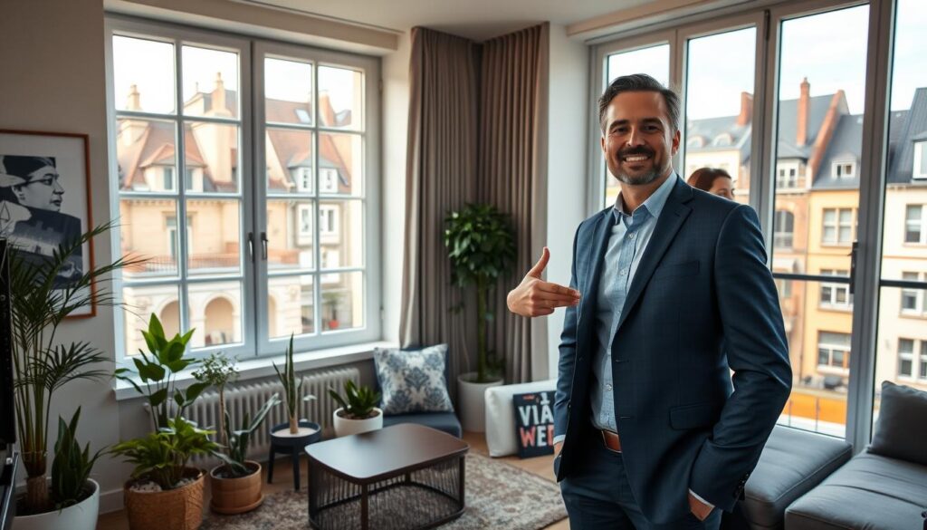 A professional real estate agent in business attire stands confidently in the foreground, engaging with potential clients in a modern, elegantly furnished apartment showcasing characteristic Normandy architecture. The agent is gesturing toward large windows that let in abundant natural light, highlighting the warm and inviting atmosphere. In the middle ground, potted plants and contemporary artwork adorn the spaces, creating a cozy yet sophisticated setting. The background reveals charming historical buildings of Caen, juxtaposed with modern residential developments, emphasizing the blend of tradition and innovation within the local real estate market. The overall mood is optimistic and welcoming, reflecting the potential of "Les BonsBiens Agence Immo Caen" to assist clients in navigating the Normandy real estate landscape. Use soft, natural lighting to enhance warmth, and employ a wide-angle lens to capture the spaciousness of the apartment. A professional real estate agent in business attire stands confidently in the foreground, engaging with potential clients in a modern, elegantly furnished apartment showcasing characteristic Normandy architecture. The agent is gesturing toward large windows that let in abundant natural light, highlighting the warm and inviting atmosphere. In the middle ground, potted plants and contemporary artwork adorn the spaces, creating a cozy yet sophisticated setting. The background reveals charming historical buildings of Caen, juxtaposed with modern residential developments, emphasizing the blend of tradition and innovation within the local real estate market. The overall mood is optimistic and welcoming, reflecting the potential of "Les BonsBiens Agence Immo Caen" to assist clients in navigating the Normandy real estate landscape. Use soft, natural lighting to enhance warmth, and employ a wide-angle lens to capture the spaciousness of the apartment.