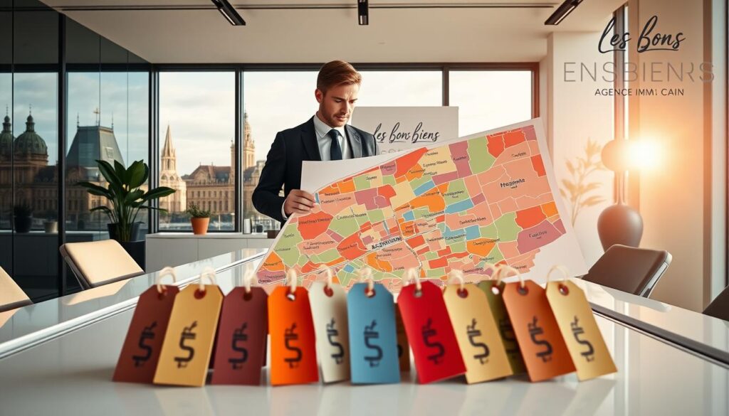 A professional real estate agent in business attire stands in a beautifully designed, modern office in Caen, Normandy, analyzing a colorful neighborhood map that illustrates property price differences by neighborhood. The agent is engaging with clients at a sleek conference table, with a backdrop of large windows showcasing iconic Normandy architecture. The lighting is bright and welcoming, accentuating the warmth of the office. In the foreground, price tags are artistically arranged, symbolizing various neighborhoods. The atmosphere is focused and professional, capturing the essence of real estate expertise. Include subtle branding of "Les BonsBiens Agence Immo Caen" in the background, ensuring it complements the overall scene without overpowering it.