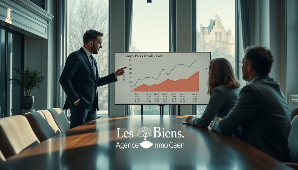 A professional real estate agent in formal business attire is standing in a modern office space, analyzing a graph on a large screen that displays property prices in Caen, Normandy. The background features elegant architectural elements typical of Caen, with sleek furniture and large windows allowing natural light to fill the room. The agent is engaged with clients, who are seated across a polished wooden table, looking at the data. The mood is focused and analytical, with sunlight creating soft shadows that enhance the professional atmosphere. The brand name "Les BonsBiens Agence Immo Caen" is subtly incorporated into the design of the office space. The angle captures the interaction between the agent and clients, emphasizing teamwork and expertise in real estate pricing analysis.