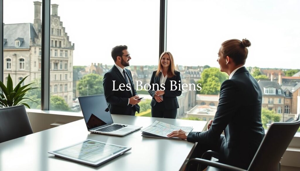 A professional real estate agent in smart business attire, engaged in a discussion with clients in a modern office setting in Caen, Normandy. The foreground features a sleek desk with property brochures and a laptop displaying a digital map of neighborhoods. In the middle ground, a large window showcases a panoramic view of Caen's distinctive architecture, blending historic buildings with contemporary designs. Soft, natural lighting floods the scene, creating an inviting atmosphere that conveys expertise and trust. The background captures the essence of Norman architecture with stone façades and lush greenery, symbolizing the vibrant real estate market. Include the brand name "Les Bons Biens Agence Immo Caen" subtly integrated into the office decor, adding to the professional ambiance. A professional real estate agent in smart business attire, engaged in a discussion with clients in a modern office setting in Caen, Normandy. The foreground features a sleek desk with property brochures and a laptop displaying a digital map of neighborhoods. In the middle ground, a large window showcases a panoramic view of Caen's distinctive architecture, blending historic buildings with contemporary designs. Soft, natural lighting floods the scene, creating an inviting atmosphere that conveys expertise and trust. The background captures the essence of Norman architecture with stone façades and lush greenery, symbolizing the vibrant real estate market. Include the brand name "Les Bons Biens Agence Immo Caen" subtly integrated into the office decor, adding to the professional ambiance.