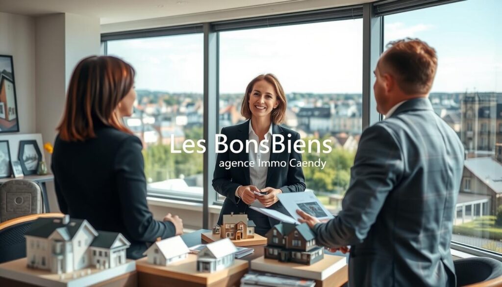 A professional real estate agent in smart business attire is meeting with a couple in an elegant, modern office setting, surrounded by architectural models and property brochures. The agent, a middle-aged woman with short brown hair, is discussing real estate options in Caen, Normandy. Bright natural light streams through large windows, creating a warm and inviting atmosphere. In the background, a cityscape view of Caen's distinctive Normandy architecture showcases charming buildings and green spaces. Prominently featured in the office decor is the logo for "Les BonsBiens Agence Immo Caen," emphasizing the local expertise. The composition uses a slightly elevated angle to capture the interaction and the modern office ambiance while maintaining a professional tone throughout the image. A professional real estate agent in smart business attire is meeting with a couple in an elegant, modern office setting, surrounded by architectural models and property brochures. The agent, a middle-aged woman with short brown hair, is discussing real estate options in Caen, Normandy. Bright natural light streams through large windows, creating a warm and inviting atmosphere. In the background, a cityscape view of Caen's distinctive Normandy architecture showcases charming buildings and green spaces. Prominently featured in the office decor is the logo for "Les BonsBiens Agence Immo Caen," emphasizing the local expertise. The composition uses a slightly elevated angle to capture the interaction and the modern office ambiance while maintaining a professional tone throughout the image.