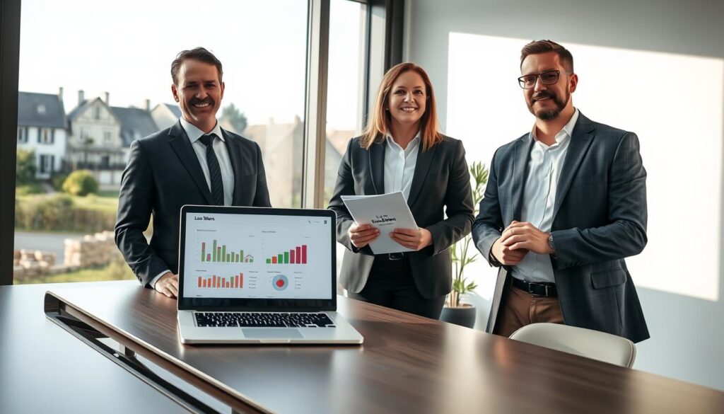 A professional real estate agent in smart business attire, standing confidently in a modern office space, engaging with clients discussing a personalized home estimation in Caen. The foreground features a sleek, stylish desk with a laptop displaying real estate data and colorful charts. In the middle, the agent holds a folder with the Les BonsBiens Agence Immo Caen logo clearly visible. The background showcases a large window with a view of Normandy architecture, including quaint houses and greenery typical of Caen. Soft, natural light filters through, creating a warm, welcoming atmosphere. The camera angle is slightly elevated, emphasizing the friendly interaction while focusing on the professionalism of the real estate process. A professional real estate agent in smart business attire, standing confidently in a modern office space, engaging with clients discussing a personalized home estimation in Caen. The foreground features a sleek, stylish desk with a laptop displaying real estate data and colorful charts. In the middle, the agent holds a folder with the Les BonsBiens Agence Immo Caen logo clearly visible. The background showcases a large window with a view of Normandy architecture, including quaint houses and greenery typical of Caen. Soft, natural light filters through, creating a warm, welcoming atmosphere. The camera angle is slightly elevated, emphasizing the friendly interaction while focusing on the professionalism of the real estate process.
