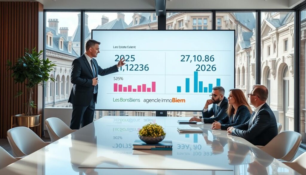 A professional real estate agent in smart business attire stands at the center of an elegant, modern office space, showcasing a large, sleek screen behind them displaying key data points and visuals related to the real estate market for 2025 and 2026. The agent gestures towards the screen, engaging with a diverse group of clients seated at a polished conference table, who appear intrigued and focused. The office features stylish furniture and large windows that allow natural light to fill the room, creating a bright, welcoming atmosphere. In the background, rich Normandy architectural elements can be seen through the window, hinting at the real estate market’s context in Caen. The brand name "Les BonsBiens Agence Immo Caen" is subtly integrated into the design of the screen. The overall mood is professional and optimistic, reflecting a forward-looking perspective on the property market.