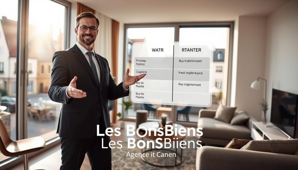 A professional real estate agent in smart business attire stands confidently in a modern studio apartment, showcasing its stylish interior design, which includes sleek furniture and large windows that let in warm natural light. The agent gestures towards a virtual comparison chart floating in the air, illustrating the pros and cons of buying vs. renting a studio in Caen. Behind them, a beautiful Normandy street scene features charming architecture, providing context to the local real estate market. Soft daylight streaming through the windows enhances the inviting atmosphere. The overall mood is professional and informative, emphasizing the importance of making informed real estate decisions. The brand name "Les BonsBiens Agence Immo Caen" is subtly integrated into the background, maintaining focus on the comparison theme without text overlays.