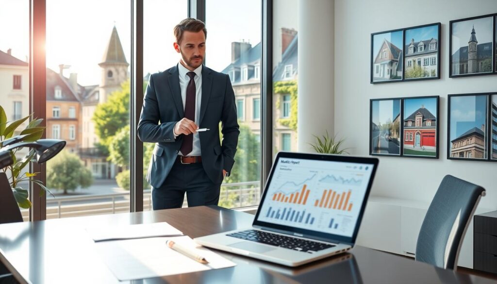 A professional real estate agent in smart business attire stands in a modern office setting, analyzing property market trends on a digital screen. The foreground features a sleek desk with a laptop and market report papers. In the middle ground, a large window reveals the picturesque architecture of Caen, Normandy, with classic French buildings and lush greenery. The background includes framed photographs of various properties available through "Les BonsBiens Agence Immo Caen." The lighting is bright and inviting, with soft natural light pouring in, creating a warm and professional atmosphere. The composition captures the essence of a dynamic real estate market analysis in Calvados, showcasing both professionalism and local charm. A professional real estate agent in smart business attire stands in a modern office setting, analyzing property market trends on a digital screen. The foreground features a sleek desk with a laptop and market report papers. In the middle ground, a large window reveals the picturesque architecture of Caen, Normandy, with classic French buildings and lush greenery. The background includes framed photographs of various properties available through "Les BonsBiens Agence Immo Caen." The lighting is bright and inviting, with soft natural light pouring in, creating a warm and professional atmosphere. The composition captures the essence of a dynamic real estate market analysis in Calvados, showcasing both professionalism and local charm.
