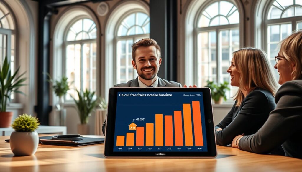 A professional real estate agent in smart casual attire, smiling and engaged in a discussion with two clients, seated at a modern desk in a contemporary office setting. The background showcases elegant Normandy architecture, with large windows allowing natural light to pour in, highlighting the detailed bar chart illustrating "calcul frais notaire barème" on a sleek digital tablet in the foreground. The atmosphere is warm and inviting, portraying a sense of trust and expertise in real estate transactions. The office is decorated with stylish plants and minimalistic design elements, reinforcing a professional ambiance. The branding "Les BonsBiens Agence Immo Caen" is subtly incorporated into the office design, without direct visibility but adding to the setting's authenticity. The image is brightly lit, creating a positive and focused mood.