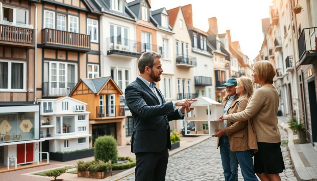 A professional real estate scene showcasing various types of apartments in Caen, Normandy. In the foreground, a well-dressed real estate agent is discussing with a couple, pointing towards an architectural model of a modern apartment. The middle ground features a variety of apartment styles, including traditional Normandy facades with timber framing and contemporary designs with large windows and balconies, blending harmoniously. The background reveals a charming neighborhood with cobblestone streets, highlighting the distinct architecture of Caen. Soft, natural lighting filters through, creating a welcoming atmosphere. The angle captures the essence of professional guidance in choosing the perfect property, including the brand name "Les BonsBiens Agence Immo Caen" subtly integrated into the scene without text overlays.